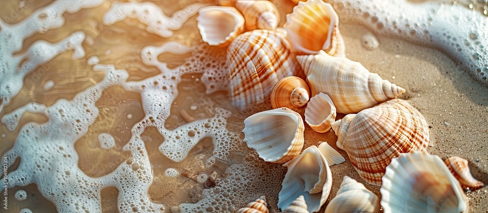Fototapete shells on the shore of the beach. with copy space image. place for adding text or design