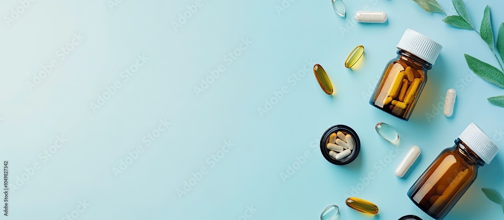 Aufkleber Bottles and vitamin capsules on a light blue backdrop top view Room for text. with copy space image. Place for adding text or design