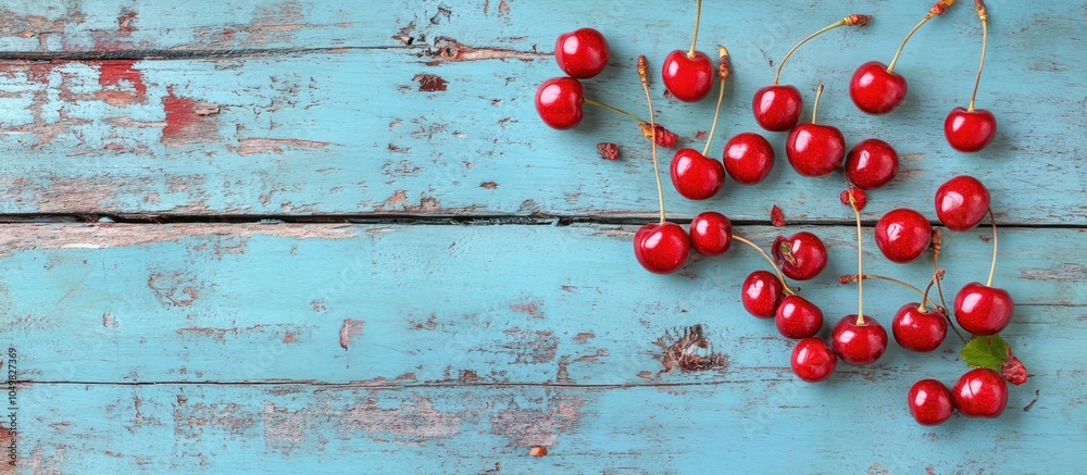 Leinwandbilder sour cherry fruits on a weathered blue wooden table background. with copy space image. Place for adding text or design