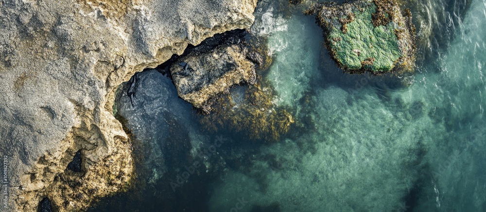 Poster A top view of an ocean tide pool featuring rocks covered in algae. with copy space image. Place for adding text or design