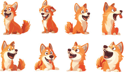 Cute Cartoon Shiba Inu Dog Poses Set Happy Puppy Pet Animal Character Different Emotions Collection Adorable Canine Sitting Lying Down Tongue Out Tail Wagging Isolated White Background Illustration