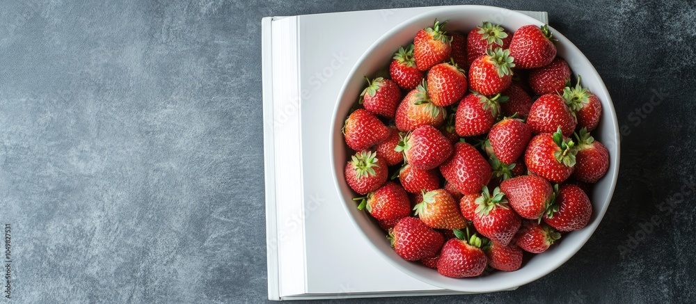 Aufkleber Bowl of fresh strawberries alongside a white recipe book. with copy space image. Place for adding text or design