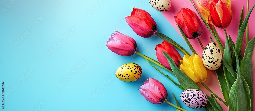 Aufkleber Vibrant tulips and quail eggs on a colorful background A theme for spring and Easter holidays with copy space