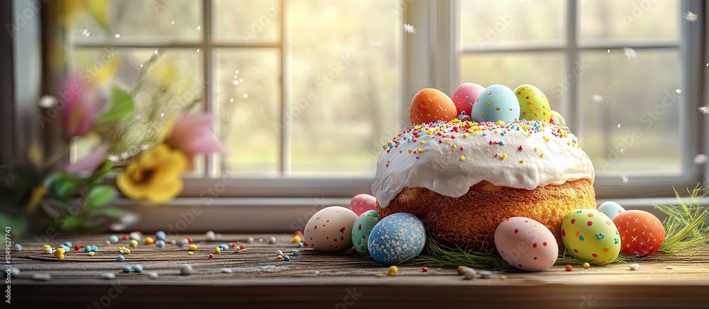 Poster happy easter celebratory easter background easter cake with easter eggs on a wooden windowsill holid