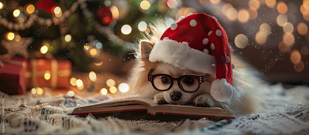 Aufkleber A Spitz dog wearing a Santa Claus cap and glasses is resting on a book with a Christmas tree and lights in the background. with copy space image. Place for adding text or design
