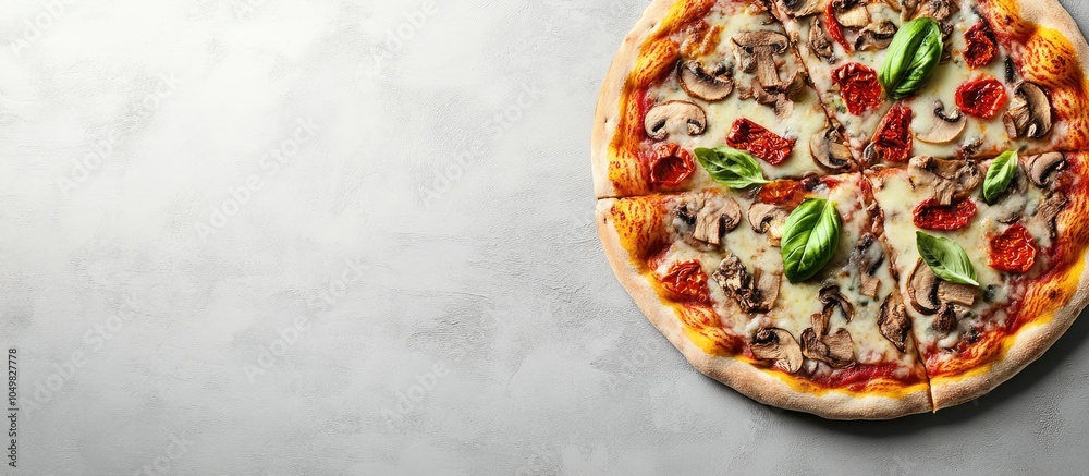 Leinwandbilder pizza topped with mushrooms sun dried tomatoes catupiry cheese and basil on a gray background. with 