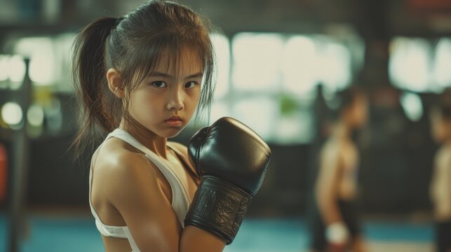 A young international girl in traditional Muay Thai attire, performing a Wai Kru dance before
