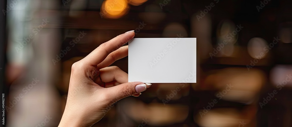 Poster A girl s hand is holding a blank business card The card is horizontal. with copy space image. Place for adding text or design