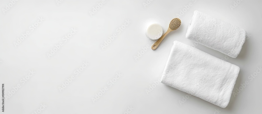 Poster glove case cream and bath soap on a white background hammam and spa theme top view flat lay copyspac