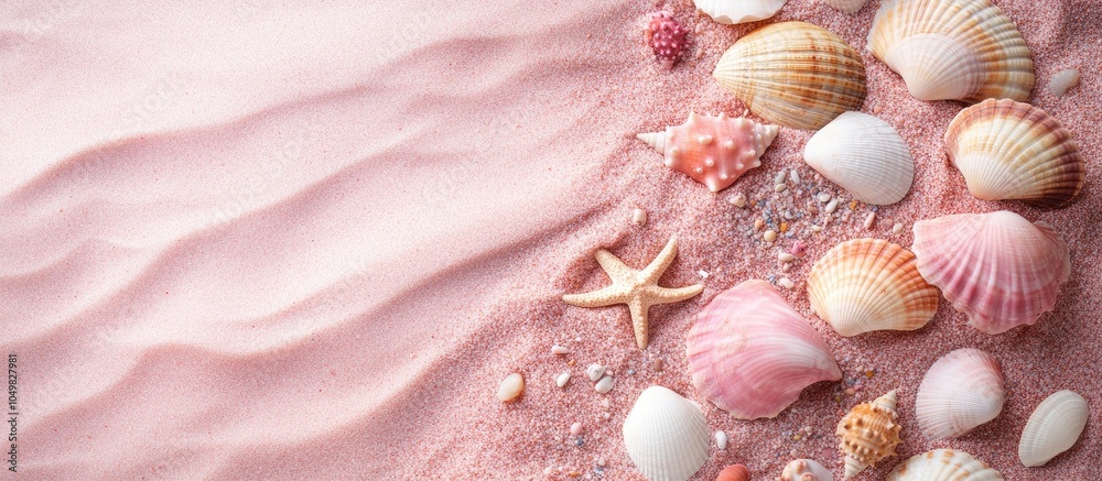Aufkleber pink sandy texture featuring seashells and pebbles for a summer backdrop with copy space