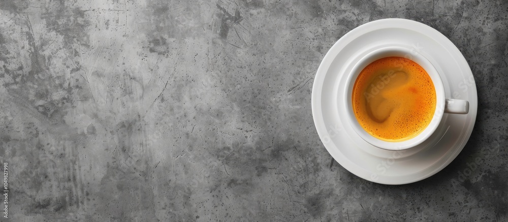 Leinwandbilder Top view of coffee in a white cup and saucer on a concrete table. with copy space image. Place for adding text or design