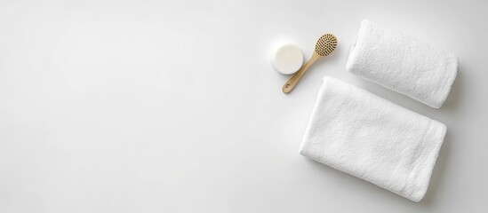 Fototapeta premium Glove case cream and bath soap on a white background Hammam and spa theme Top view flat lay copyspace