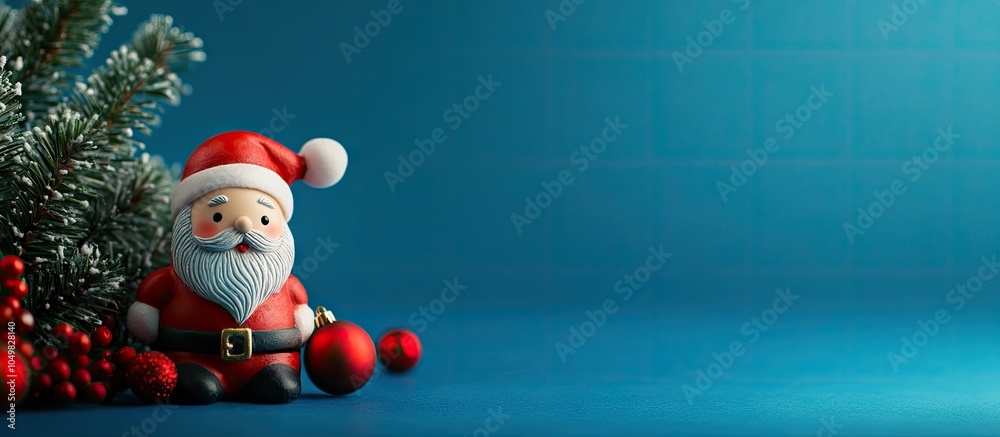 Fototapete merry christmas greeting card featuring a santa claus toy christmas tree and red garland against a b