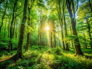 Fototapeta premium In a vibrant European forest, summer sunlight cascades through the trees, enhancing the rich foliage and creating a serene scene steeped in lush nature.