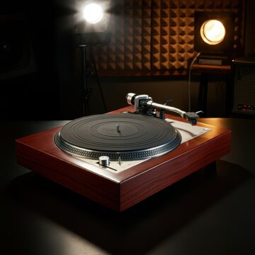 Vintage turntable, wooden base, audiophile equipment, silver tonearm, vinyl record player, high-end audio, retro music device, dark background, studio lighting, reflective surface, analog sound, preci