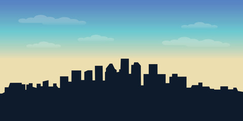 Fototapeta premium Black silhouette of city skyline on the background of blue sky with clouds and sunrise. Vector