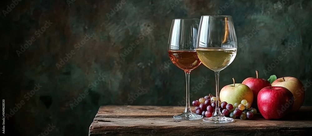 Aufkleber glasses of wine and apples grapes on a weathered wooden table. with copy space image. Place for adding text or design