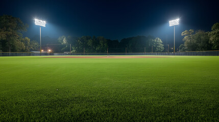 Empty baseball field illuminated at night with powerful spotlights