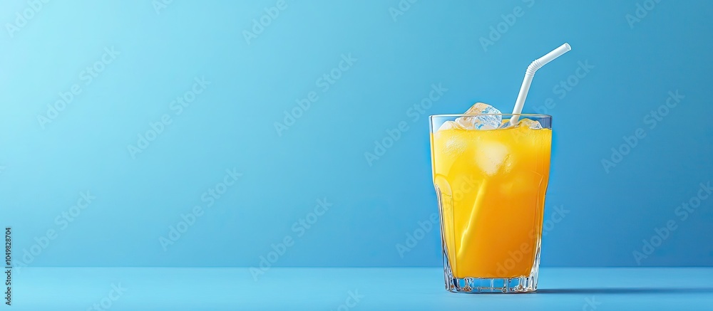Poster a glass of orange juice with ice and a straw set against a blue background. with copy space image. p