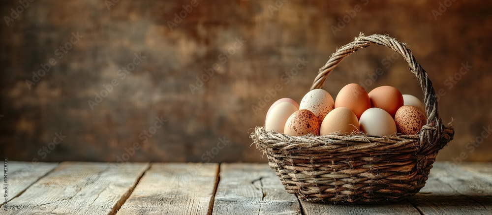 Leinwandbilder basket of eggs on an aged wooden surface. with copy space image. place for adding text or design