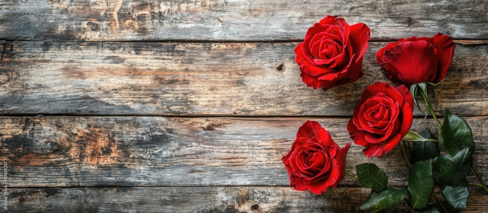 Leinwandbilder red roses on a weathered wooden surface. with copy space image. place for adding text or design