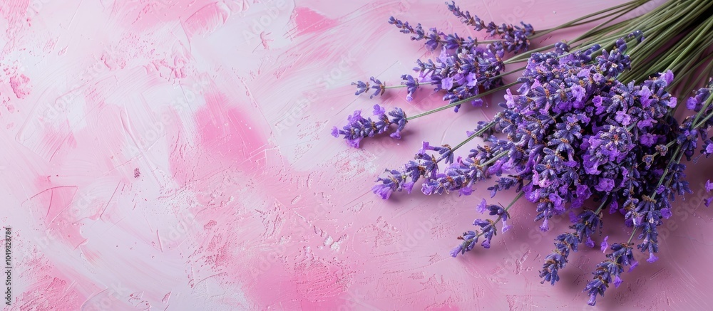 Poster a bouquet of fresh lavender flowers on a pink concrete background. with copy space image. place for 