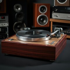 Obraz premium Vintage turntable, wooden base, audiophile equipment, silver tonearm, vinyl record player, high-end audio, retro music device, dark background, studio lighting, reflective surface, analog sound, preci