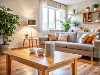 Fototapeta premium Modern Interior with Smart Speaker, Cozy Wooden Table, Stylish Decor, Home Technology, Contemporary Living Space, Minimalist Design, Smart Home Accessories, Interior Design Trends