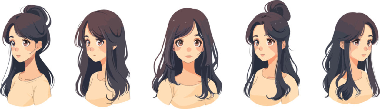 Five anime manga style bust up portraits of the same young woman with brown hair styled in different ways for character design reference
