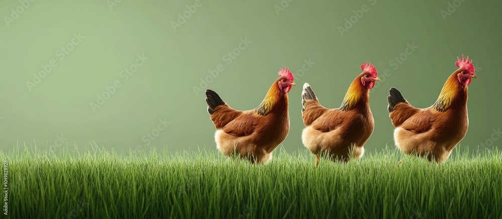Poster Brown chickens walk on the green grass. with copy space image. Place for adding text or design