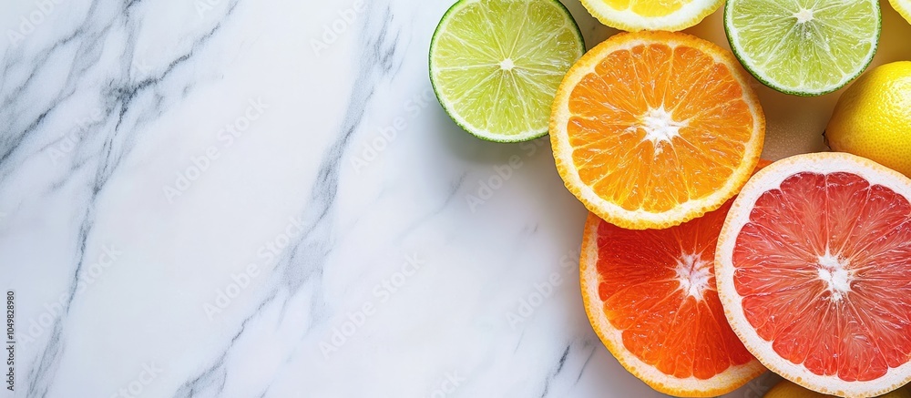 Aufkleber bright juicy citrus fruits on a white marble surface with copy space slices of grapefruit lime lemon