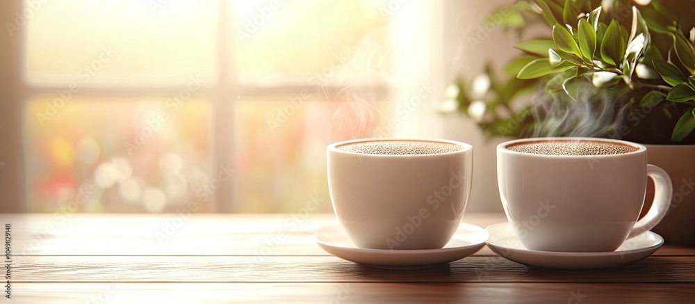Poster Two delightful cups of coffee sit on the table. with copy space image. Place for adding text or design