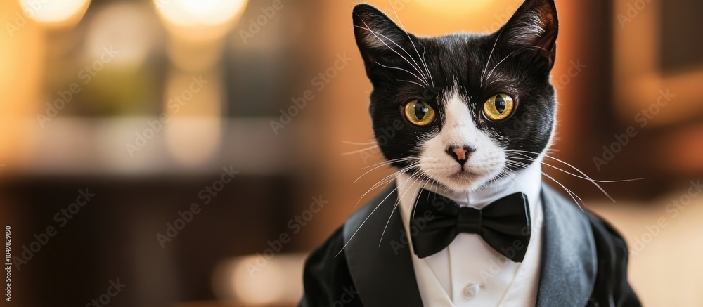 Poster Adorable Tuxedo Cat With a Comical Expression. with copy space image. Place for adding text or design
