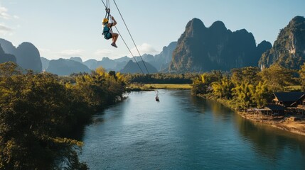 Adventure seekers zip-lining across a river in Vang Vieng, with stunning views of the