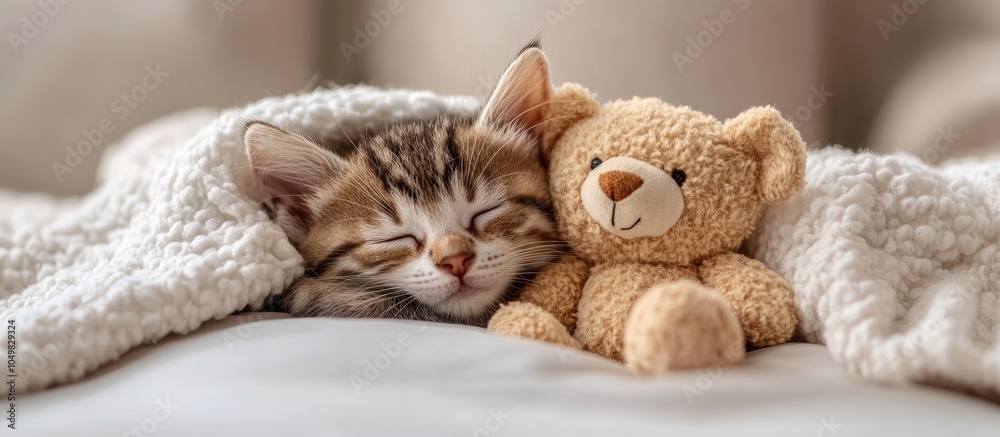 Aufkleber A cozy little kitten is sleeping with its favorite teddy bear under a warm white blanket on a bed at home Empty space for text. with copy space image. Place for adding text or design