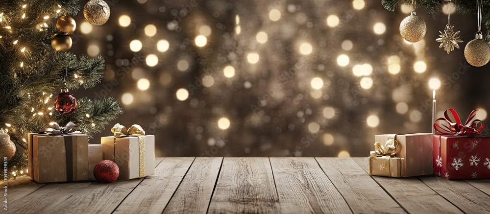Poster Christmas backdrop featuring decorations and gift boxes arranged on a wooden table. with copy space image. Place for adding text or design