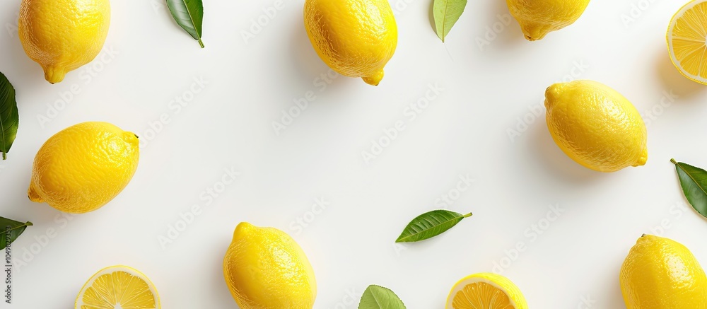 Poster lemons on a white background from above. with copy space image. place for adding text or design