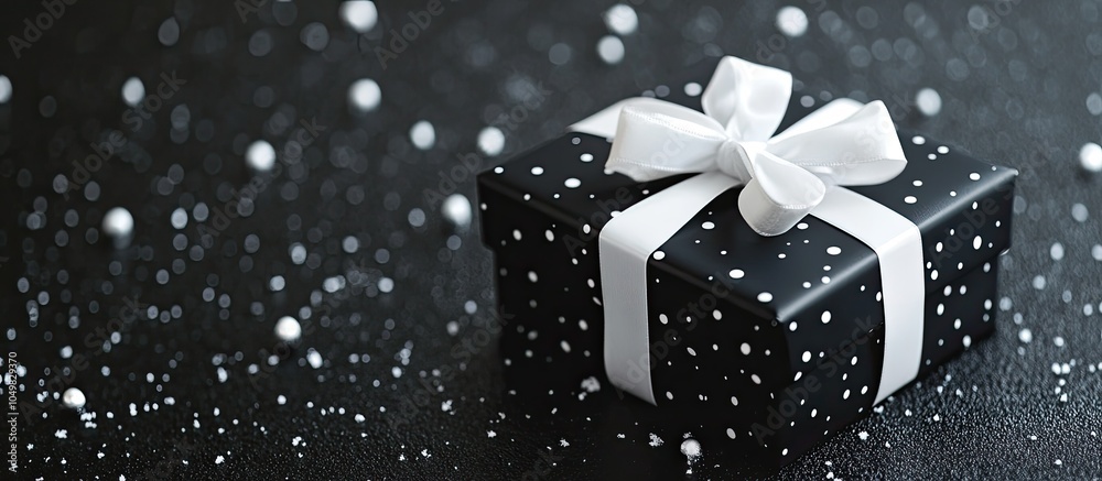 Poster Gift box featuring polka dots and a white ribbon on a black surface with a snow effect. with copy space image. Place for adding text or design