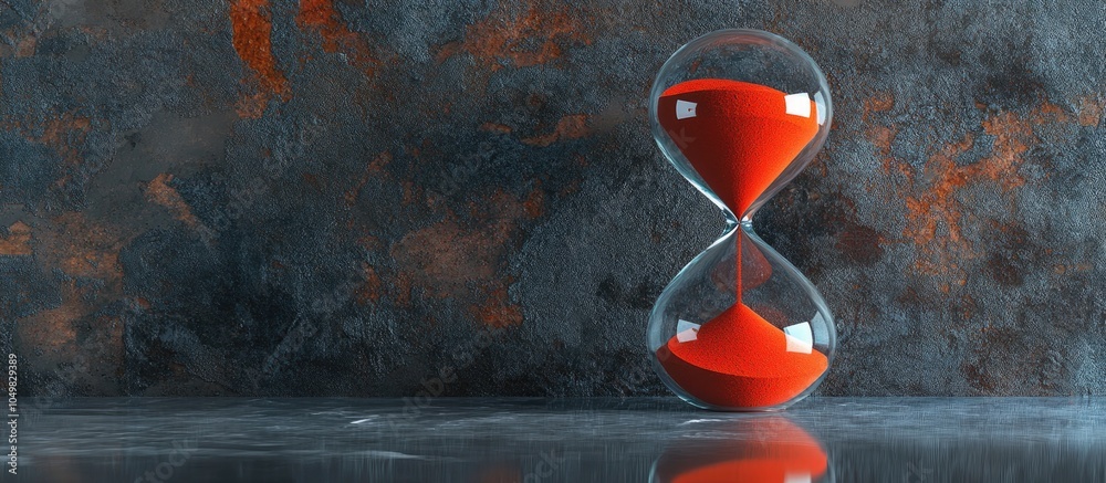 Poster Hourglass with red sand flowing on a grey table Area for text. with copy space image. Place for adding text or design