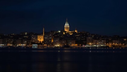Obraz premium Glowing cityscape at night with iconic tower and waterfront