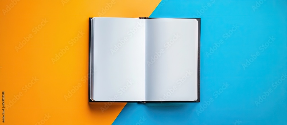 Poster Sketchbook on a vibrant background Copy space Top view of a blank open notebook representing education or a new workspace