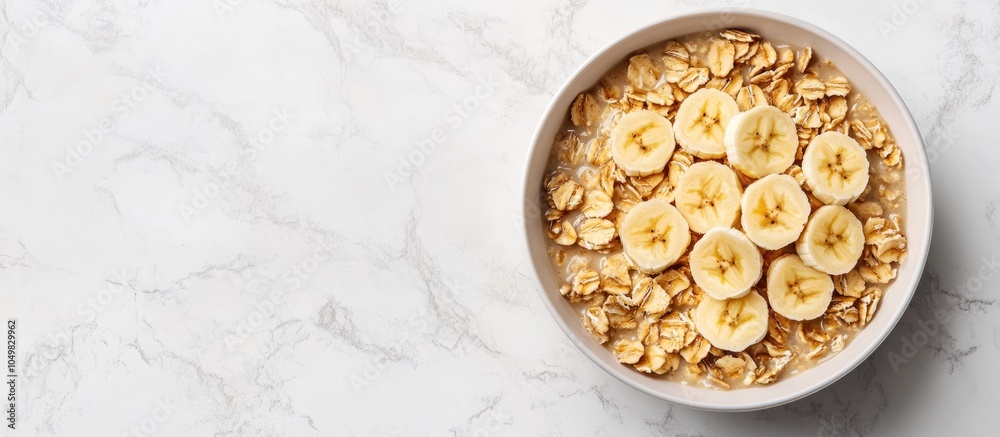 Poster caramelized banana oatmeal bowl on a light background with copyspace top view flat lay