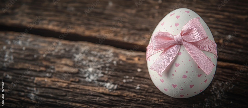 Aufkleber Easter egg adorned with a pink bow on a wooden surface Easter card or backdrop. with copy space image. Place for adding text or design