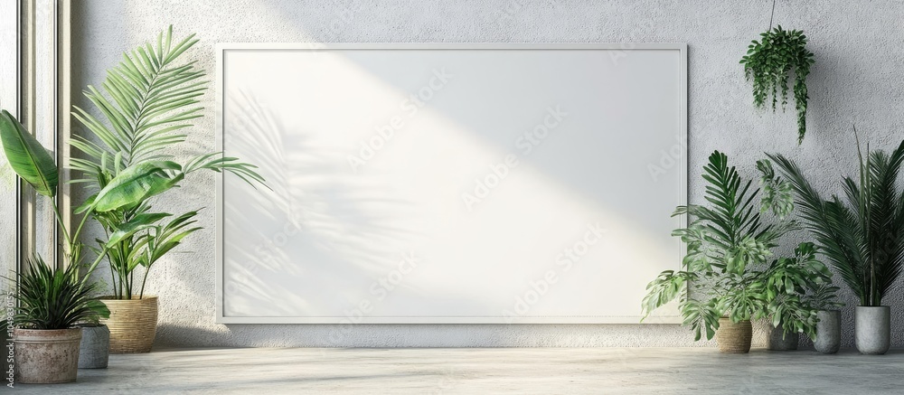 Poster whiteboard for mockup on a bare wall in a room with potted plants beside it. with copy space image. 