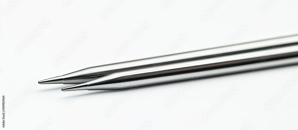 Poster Close up of two size six knitting needles set against a white background. with copy space image. Place for adding text or design
