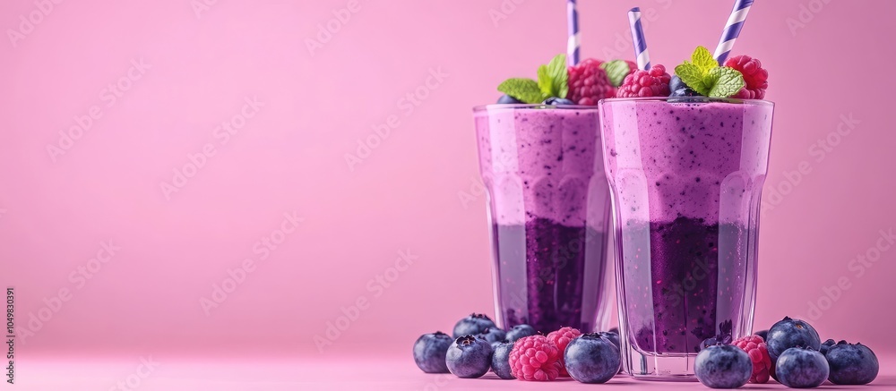 Leinwandbilder glasses of fresh blueberry smoothie garnished with mint and berries on a pink background. with copy 