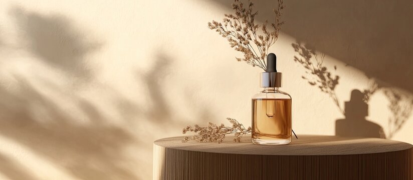 A glass cosmetic bottle with a dropper is positioned next to a dried flower on a beige background in bright sunlight resting on a wooden podium This represents the idea of natural cosmetics and ess