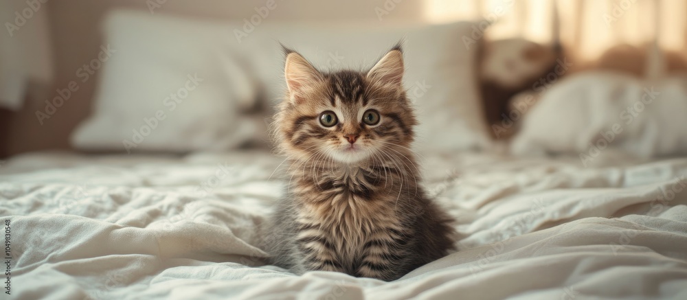 Aufkleber a lovely adorable siberian kitten sits on the bed gazing at the camera. with copy space image. place