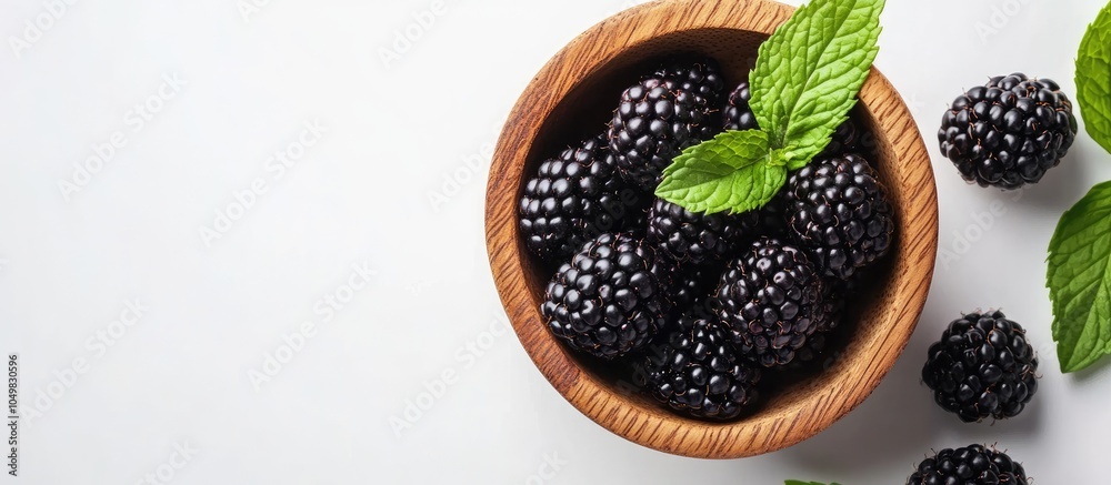 Aufkleber blackberries alongside a mint leaf in a wooden bowl featuring copy space for text a fresh and delici