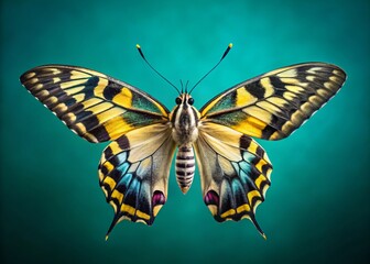 Obraz premium Moth Portrait on Teal Background - Stunning Swallowtail with Black and Yellow Wings in Macro Detail, Insect Beauty, Nature's Artwork, Flying Lepidoptera